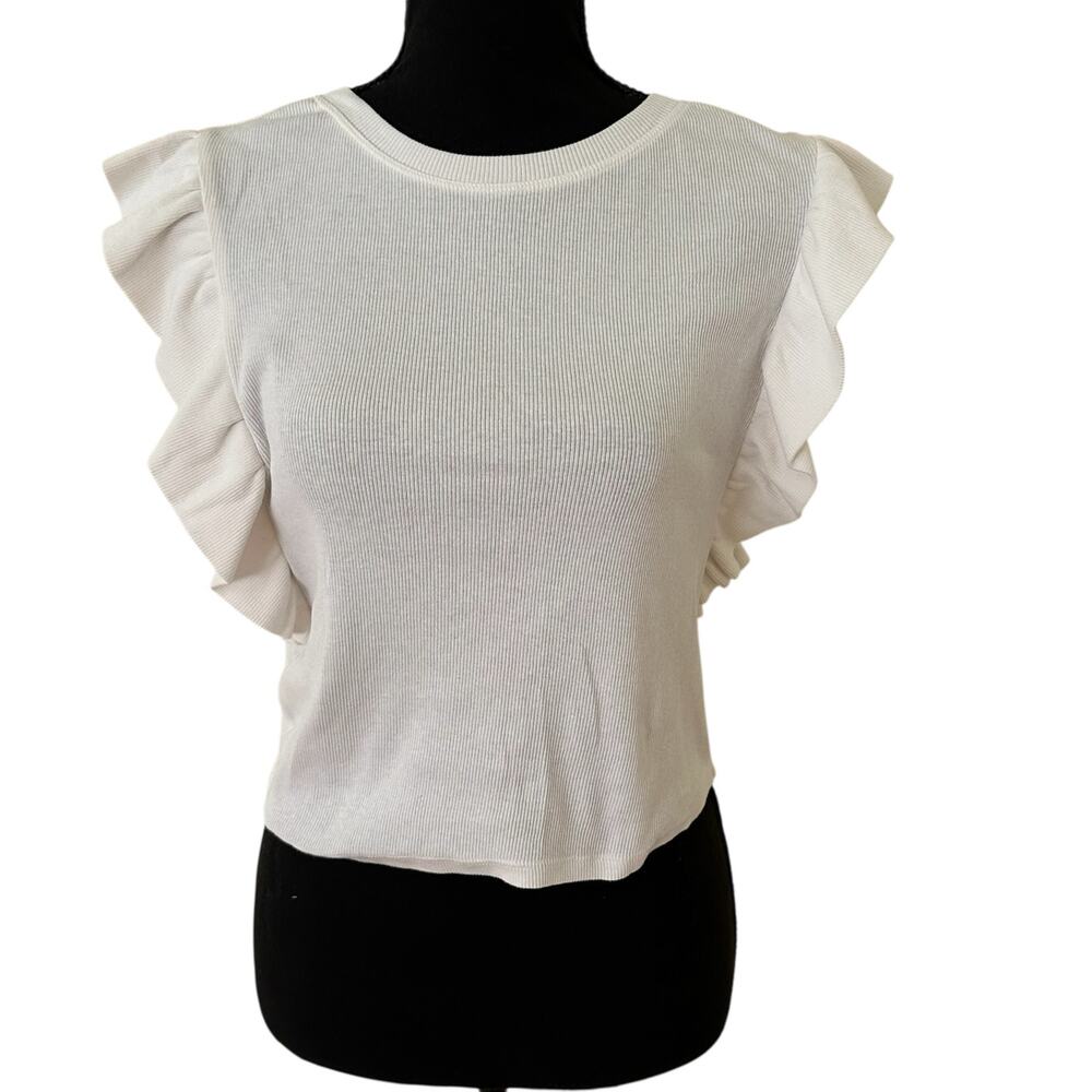 Zara Women's White Ribbed Ruffle Sleeve Top - Size L